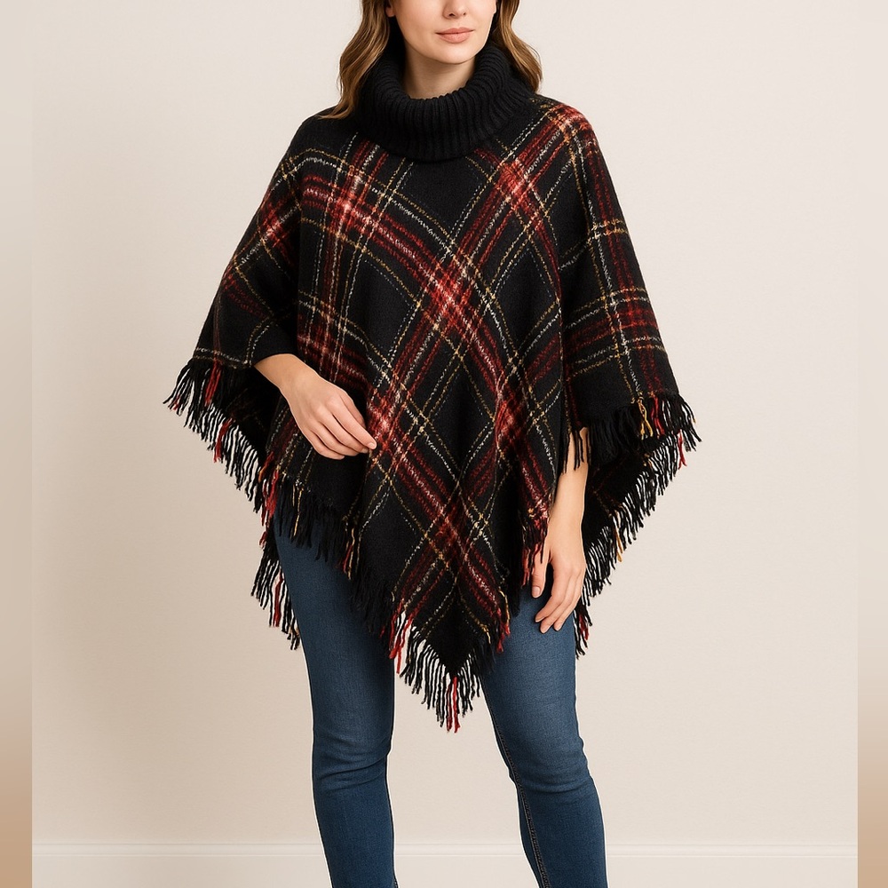 Harvé Benard Plaid Fringe Cape with Cowl Neck – One Size - Picture 1 of 8